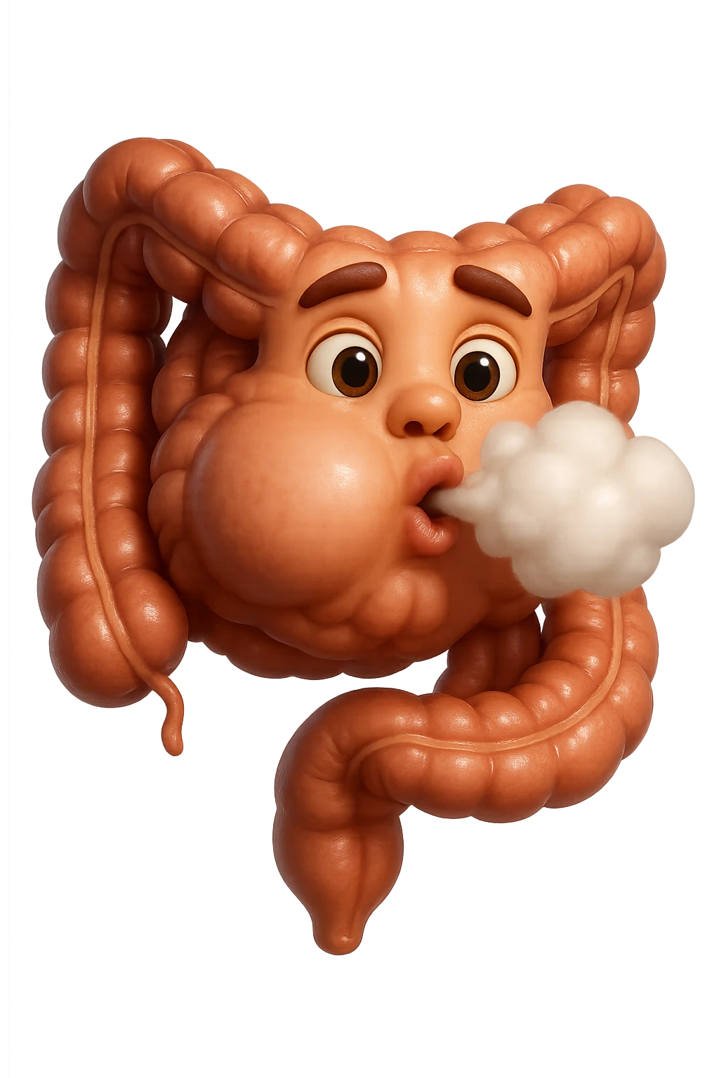 emoji stile iphone di un intestino che ingoia una nuvoletta di aria ben visibile e gli si gonfia la pancia, non fargli il naso, iperrealistico 4k emoji
