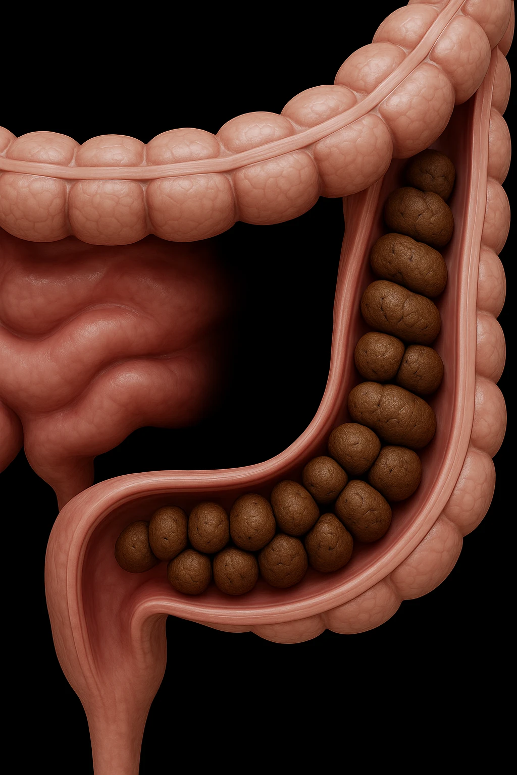 colon umano anatomico con feci a pallini all'interno, stipsi, iperrealistico 4k emoji