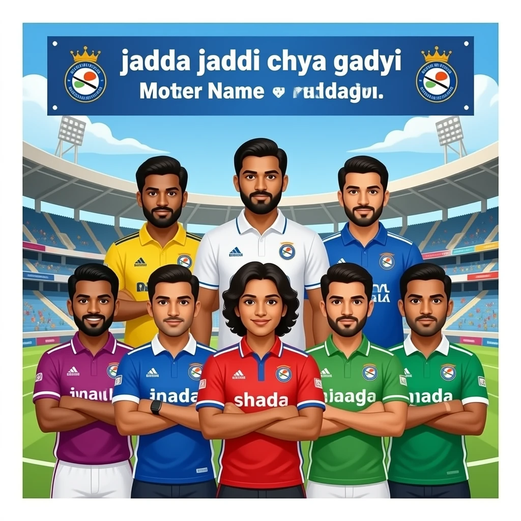 Now make ipl team team name"jadda jaddi chya gadya"the team name show at the stedium ahd players name "matthi ,shapu,mulla,gajar,batata,kanda,tamata ,wanga,palak" and so on and show fat mother name "jaddi" and fat father name"jadda" all names are print on the jersey emoji
