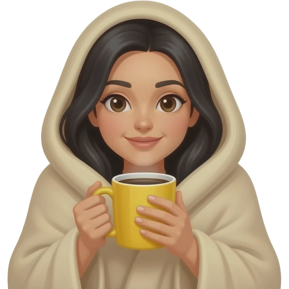 A white woman with black hair, with a large beige blanket, drinking coffee in a yellow mug, cozy and peace, iPhone emoji style emoji