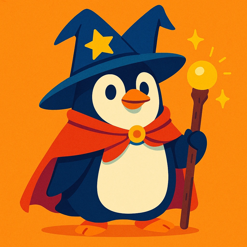 a penguin dressed as a wizard, with a pointy hat and a magic staff, in a fun and whimsical style, vibrant toon illustration emoji