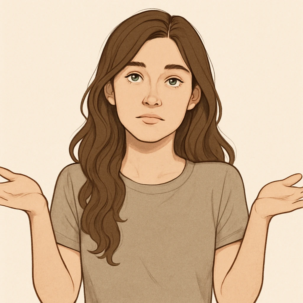 girl with long brown wavy hair, green eyes, shrugging, neutral expression, upper body, simple background emoji