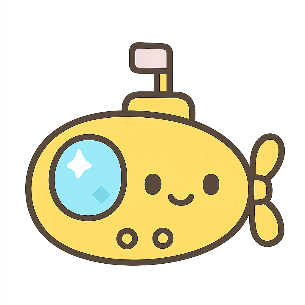 A submarine icon in a cartoonish style, with a bright yellow body, a large smiley face on the front, and a small flag on top. emoji
