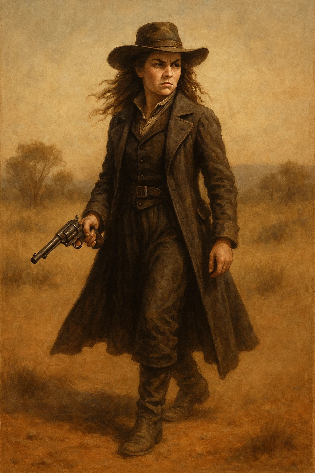 Victorian-era female bushranger, long coat, boots, wide-brimmed hat, pistol, determined expression, dusty background emoji