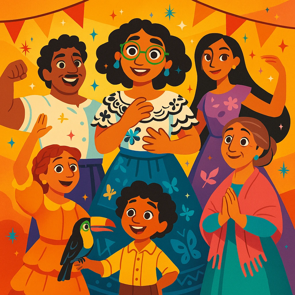 Madrigal family from Encanto, whimsical illustration, each character in a dynamic pose, magical sparkles, festive atmosphere emoji