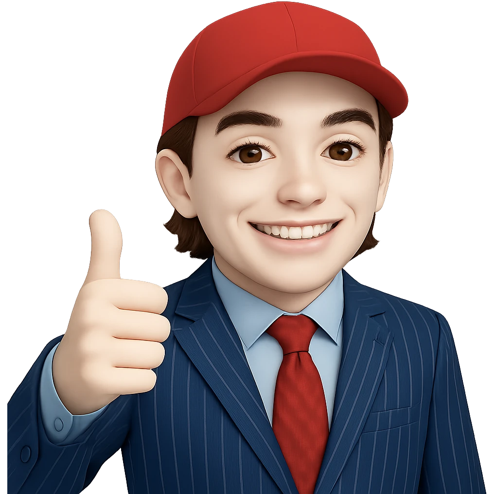 Change the skin tone to white. Maintain the 60% realistic emoji style of a smiling man in a pinstripe suit and red cap, giving a thumbs up. Transparent background. emoji
