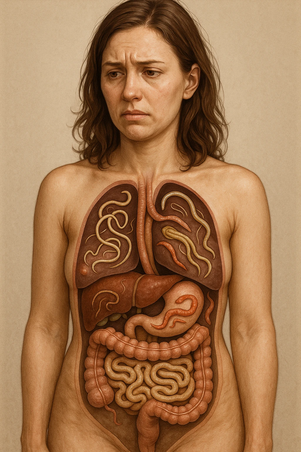 Donna con parassiti nel corpo che è la principale causa di tutte le malattie del corpo umano in italiano realistica emoji