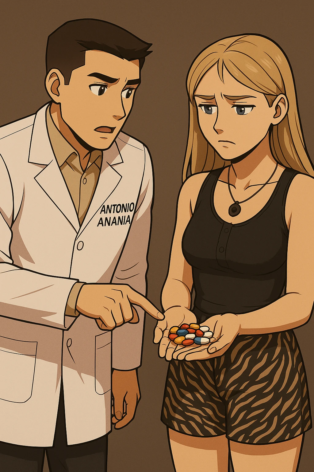 fai un webtoon/manga a colori con questo kinesiologo in camice bianco (fagli la scritta "ANTONIO ANANIA" SUL CAMICE) CHE PARLA CON QUESTA RAGAZZA CON GLI OCCHI AZZURRI. LA RAGAZZA HA UN PUGNO DI INTEGRATORI IN MANO (TANTE PILLOLE DIVERSE) E LE GUARDA DUBBIOSA. IL KINESIOLOGO CON IL CAMICE BIANCO LE TOCCA LA PANCIA CON UN DITO. NON FARE I FUMETTI, FAI SOLO LORO COME SE DIALOGASSERO emoji