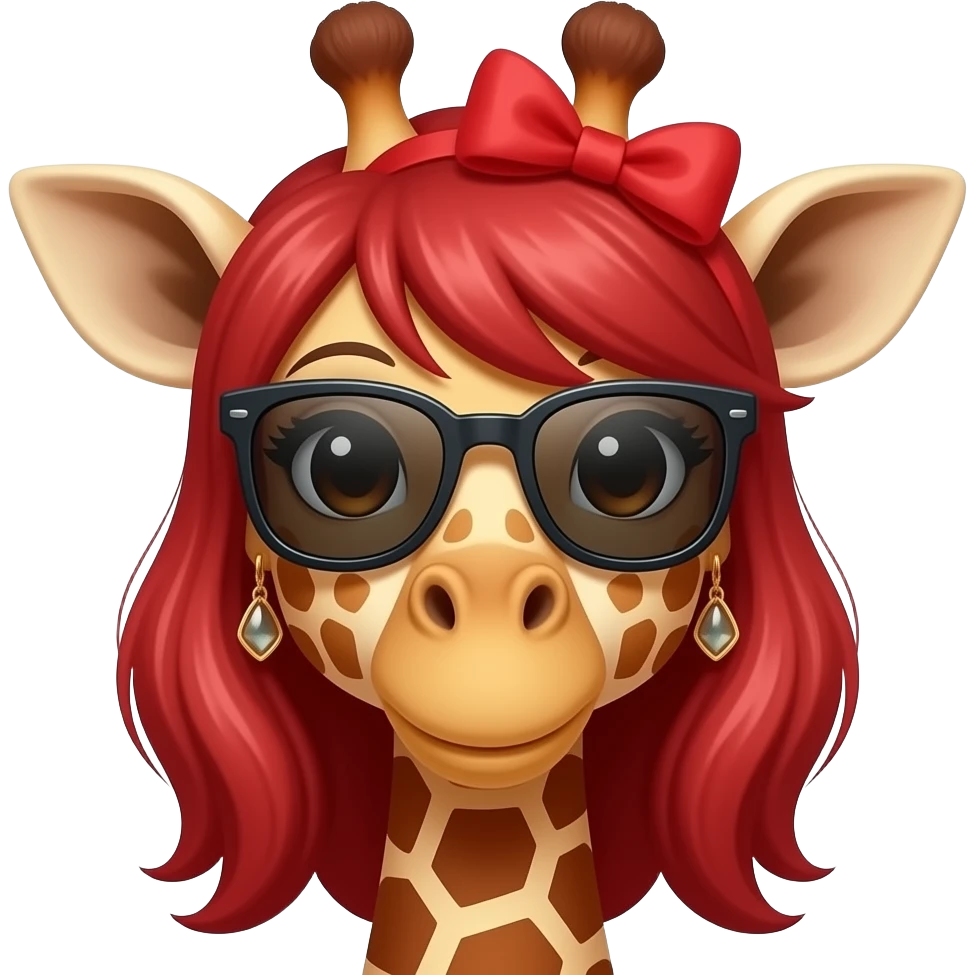 giraffe with red hair hairbow and sunglassess and earrings, just face, front view emoji