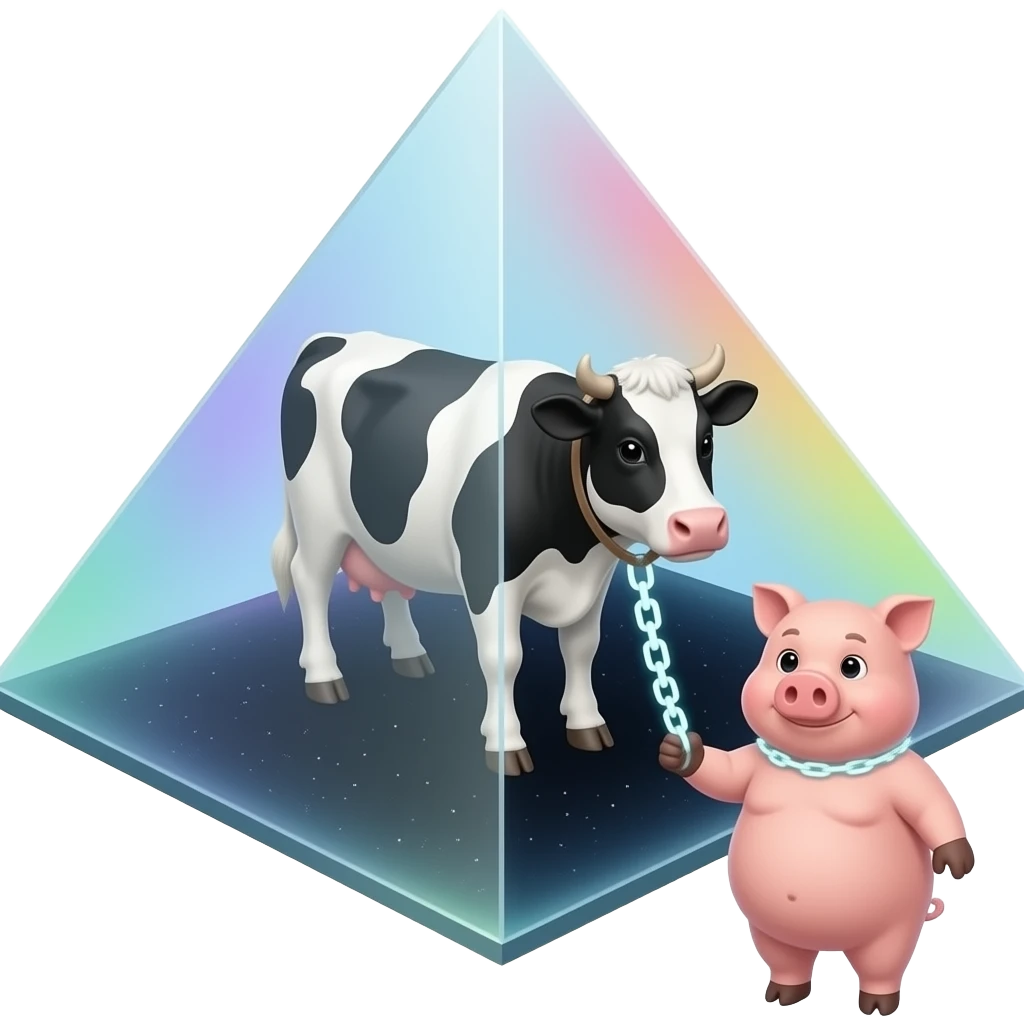 a black and white cow stands inside a glass pyramid floating in space and shining with rainbow colors, outside the pyramid floats a fat pig connected to the cow emoji