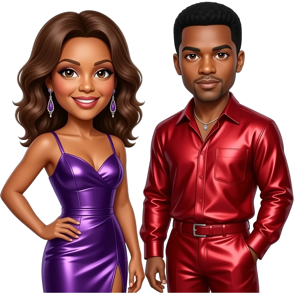 Whitney Houston with brown eyes, medium brown hair, purple metallic long dress, earrings, Bobby Brown with brown eyes, black hair, red metallic shirt, red metallic baggy pants, necklace and short earrings emoji