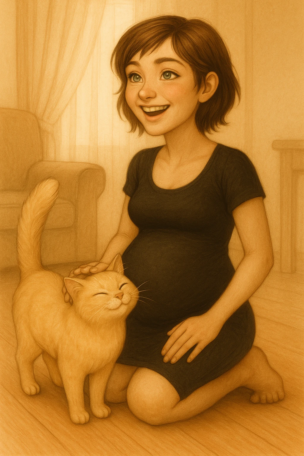 Make the girl's hair a little bit longer and put her in a black tight dress, keep her pregnant, with green eyes and a blonde cat. Maintain the original style and details of the image. emoji