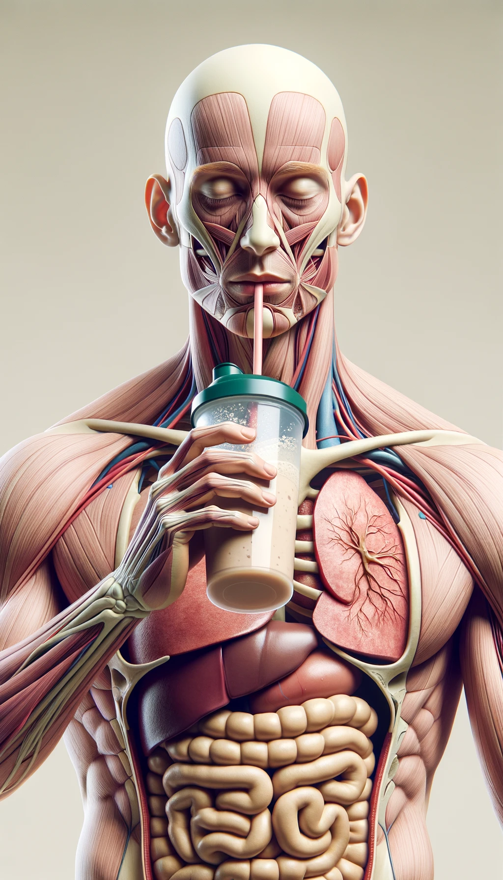 CORPO UMANO ANATOMICO CON OCCHI CHIUSI MENTRE BEVE UNO SHAKER PROTEICO, ORGANI IN EVIDENZA, IPERREALISTICO SFONDO CHIARO NEUTRO emoji