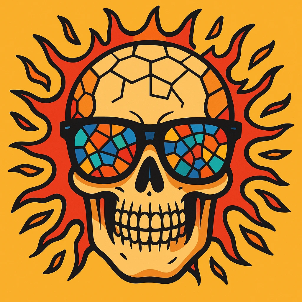 Enhance the skull with mosaic eyewear, making the head explosion more detailed and vivid in a cartoonish style with vibrant toon aesthetics. emoji