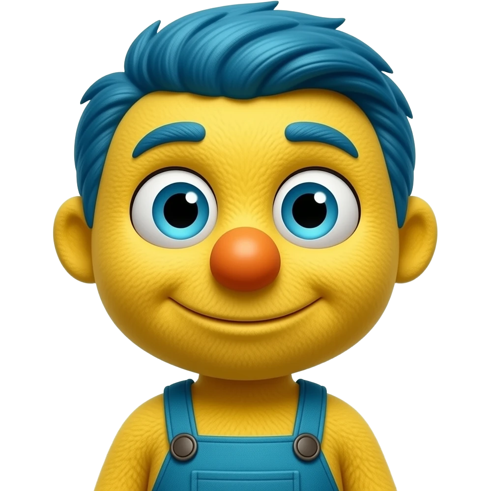 Yellow Guy from Don’t Hug Me I’m Scared, Yellow puppet big cartoon eyes, round orange nose, and short blue hair, wearing turquoise overalls emoji