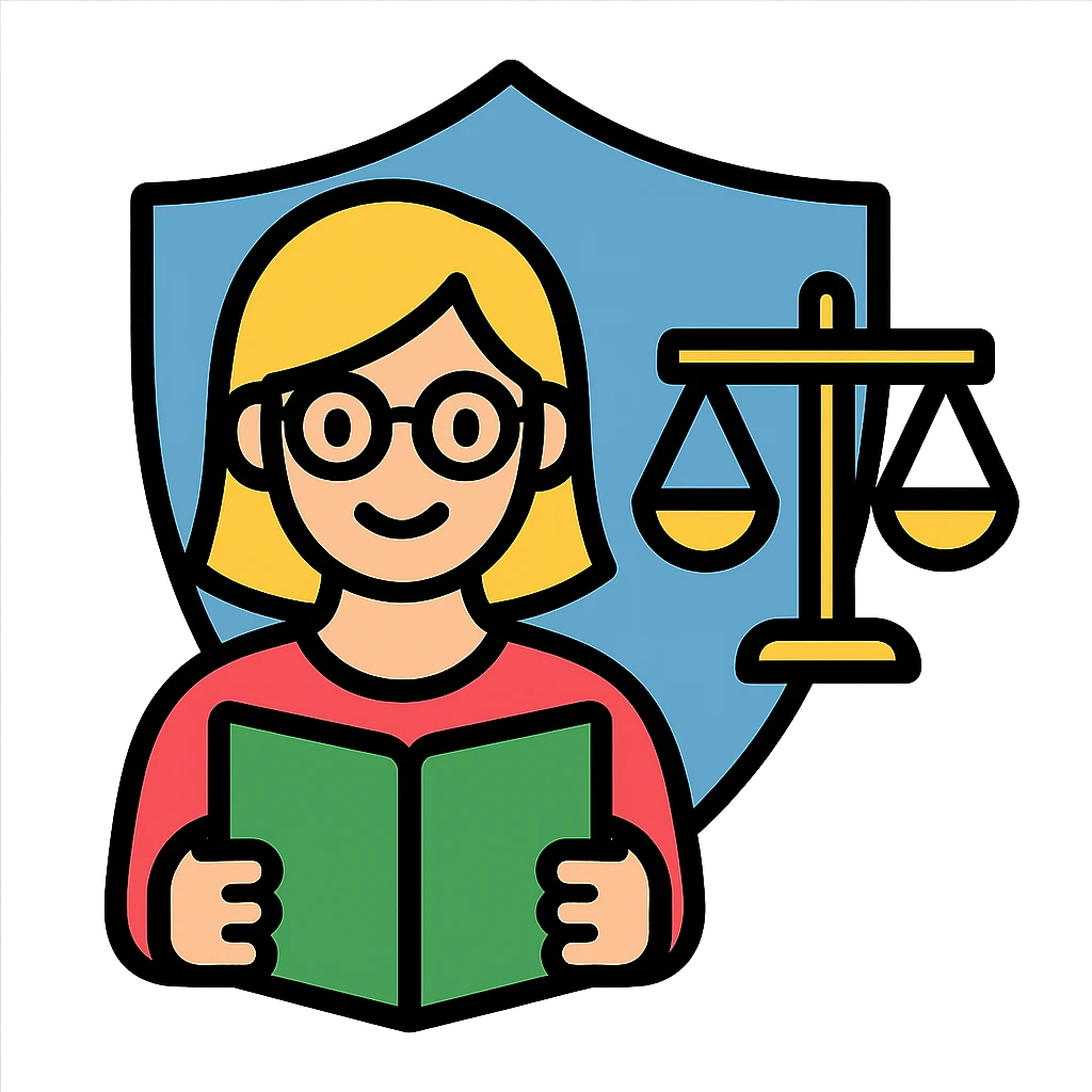A lady with blond hair and glasses, holding a green book and a gold justice scale, with a shield in the background, in a flat color icon style, with no background. emoji