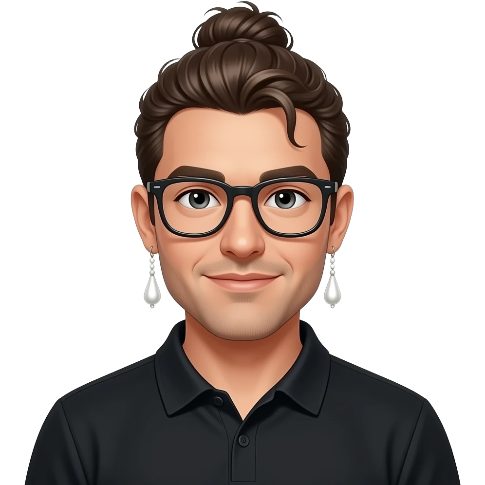 Men with a Messy bun and glasses, long earing with white pearl and black polo emoji