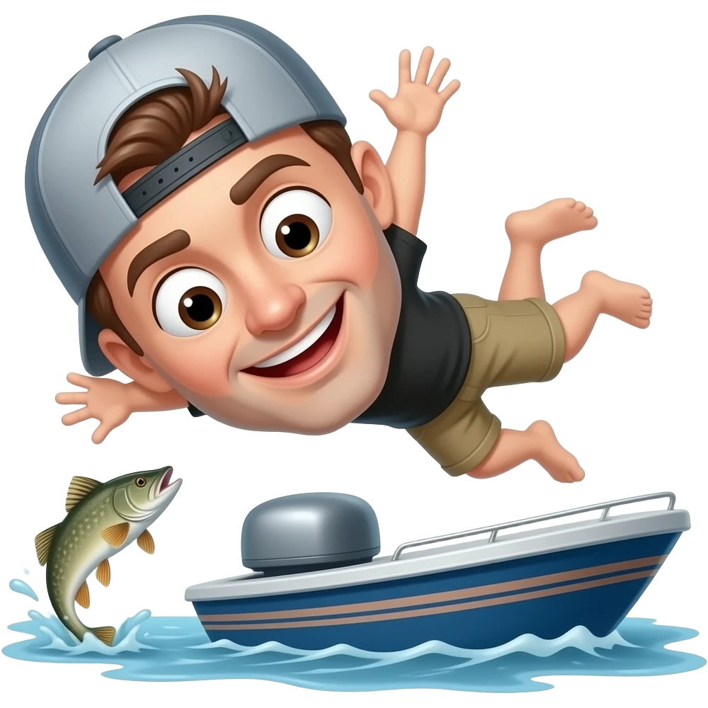 a guy with a black shirt and backwards hat falling overboard of a boat with a pike fish emoji