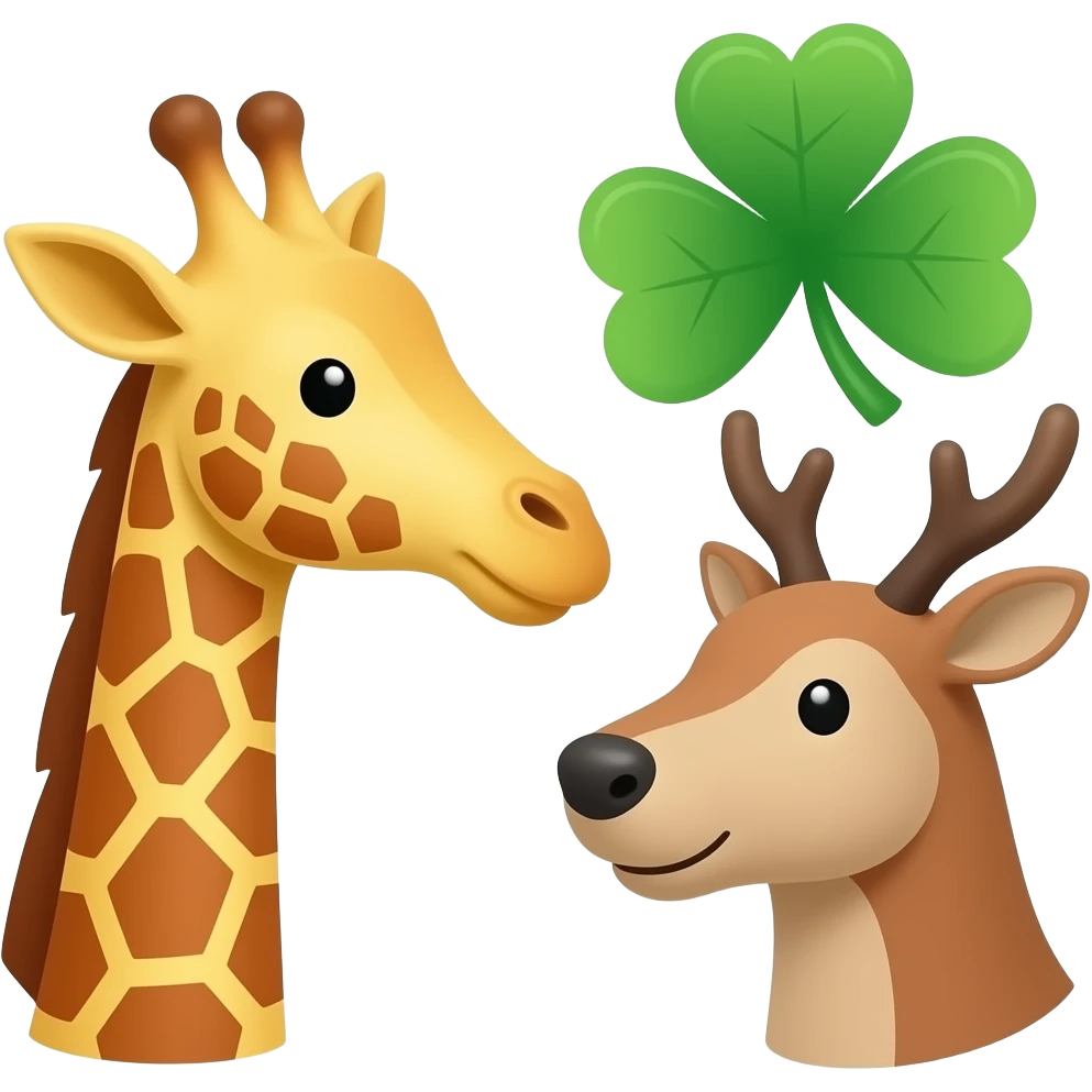 Einfacher Giraffenkopf und Elchkopf schauen sich an und vierblättriger Glückskee emoji