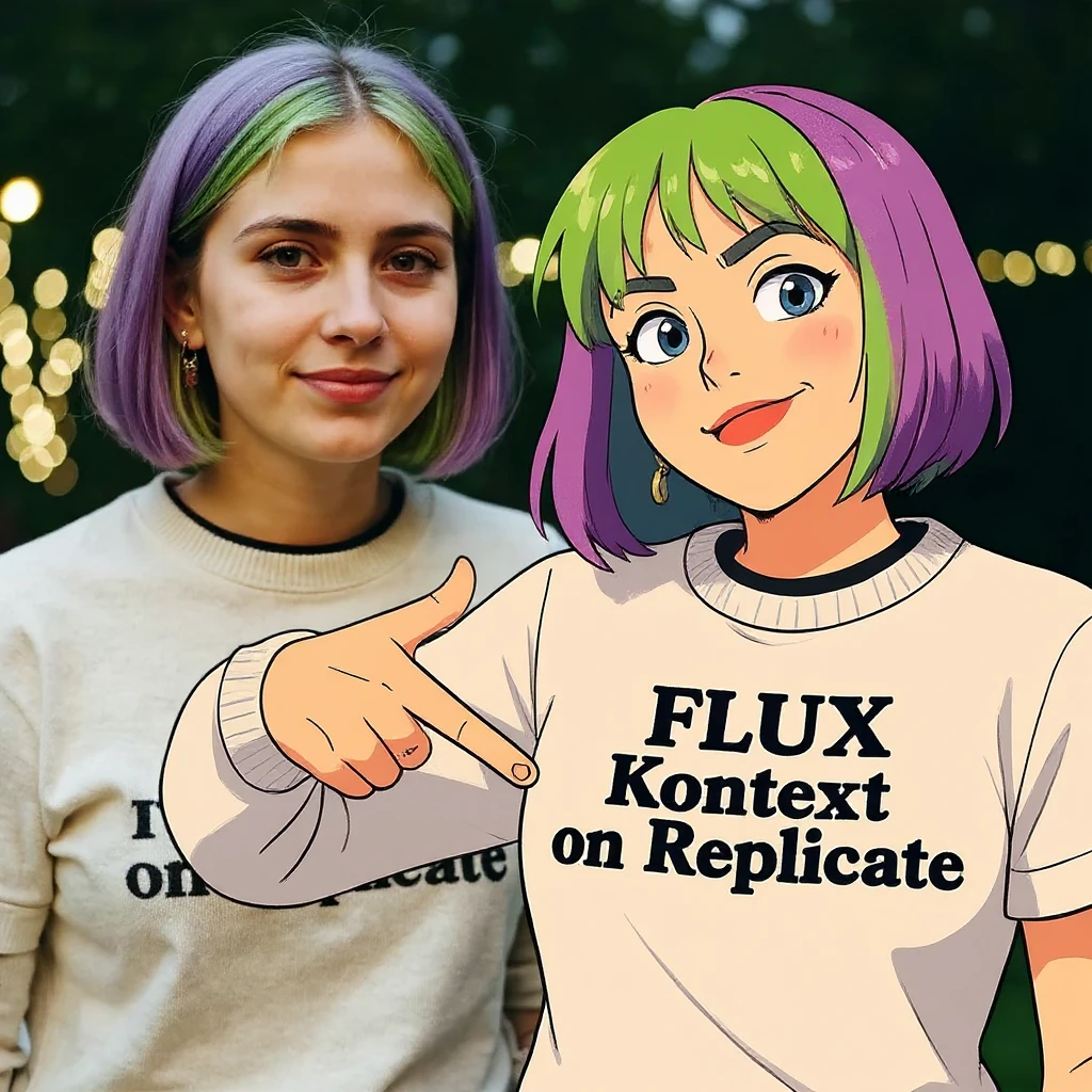 make a image of a girl with a anime version of that girl beside her wearing tshirt with text of just "FLUX Kontext" nothing else emoji