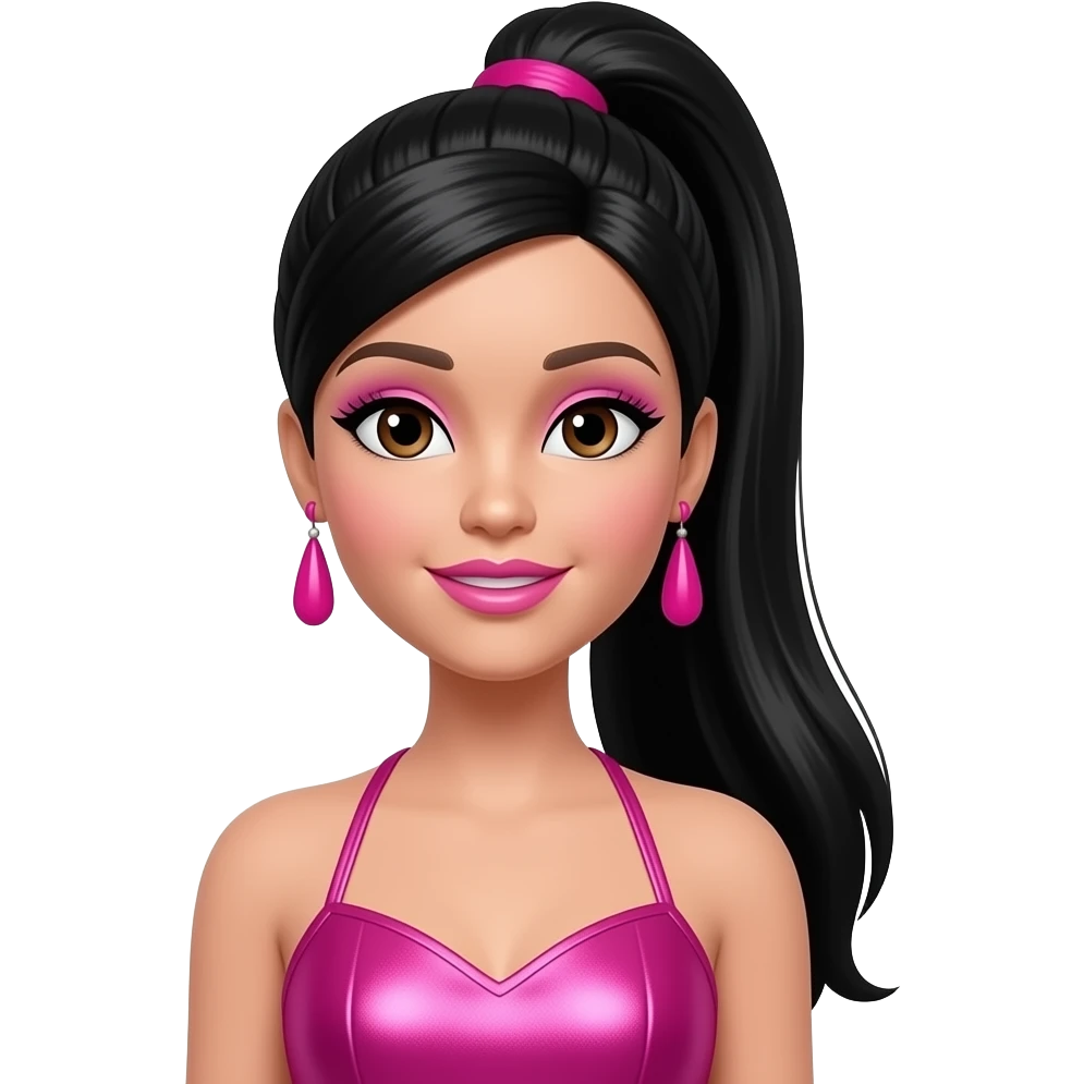 Christie from Barbie and Friends with brown eyes, long black high ponytail hair, pink eyeshadow, pink lipstick, pink metallic halter dress, pink earrings emoji