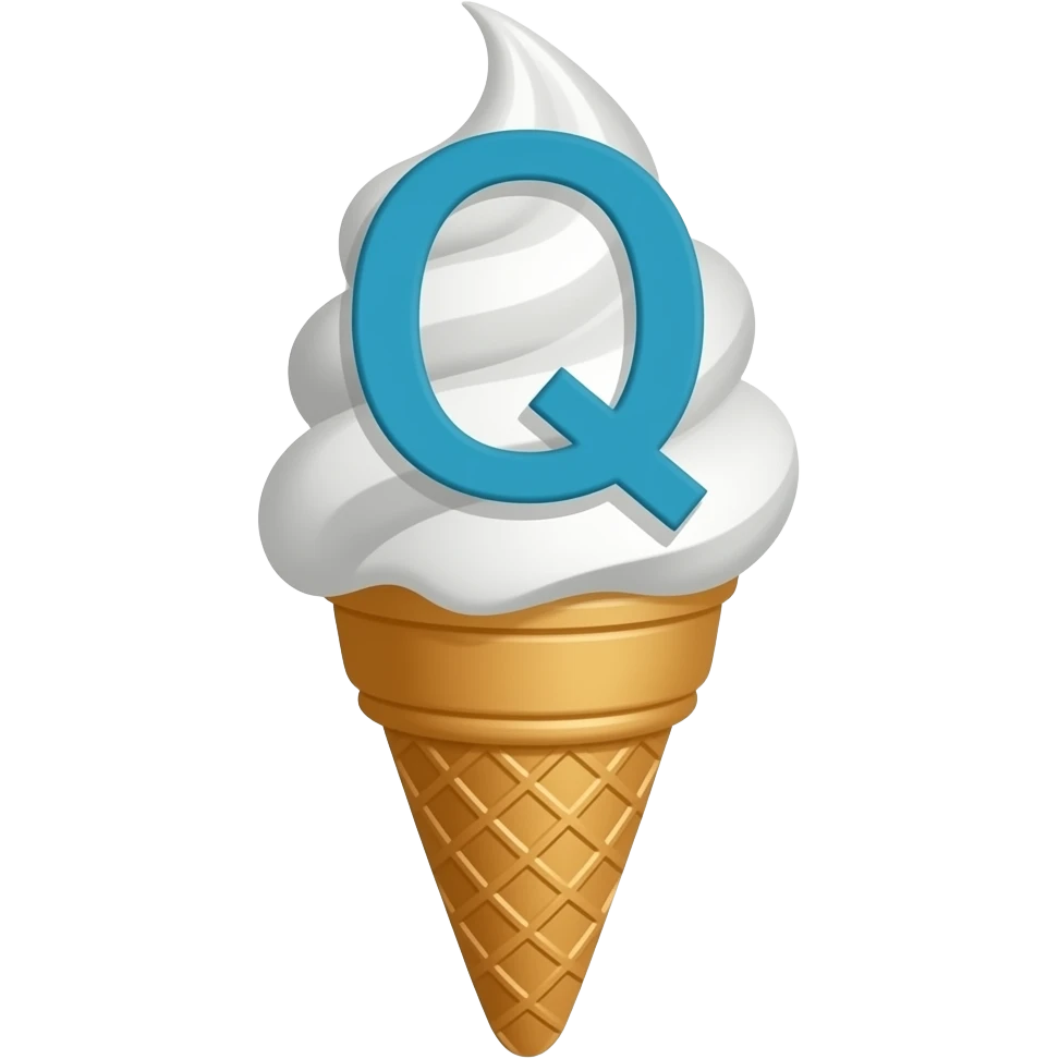 The big letter "Q" in the center. Smaller the Words "Question", "Question", "Question", "Qsolve", "Qcollect" und "Qteach" around it in a comic style ice cream cone emoji
