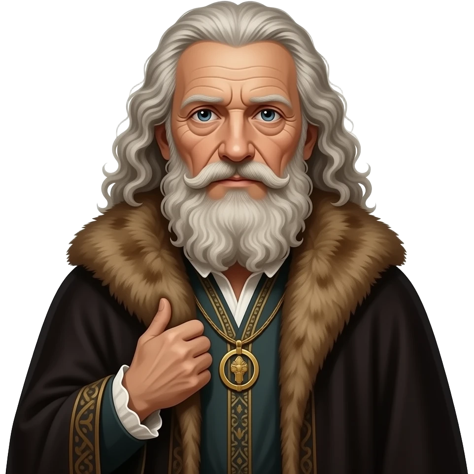 cinematic - en face penetrating balanced, dried up and wrinkled old Albrecht Dürer Renaissance self-portrait with long curly hair in a cloak with a fur collar, in Renaissance dress, holding the fur collar with his left hand - an icon of Christ Himself emoji