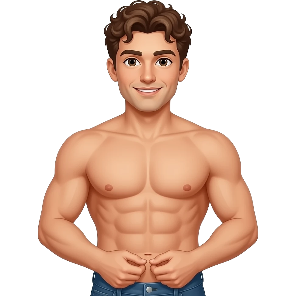 Light skin man shirtless 6 pack with curly hair holding his penis with both hands emoji
