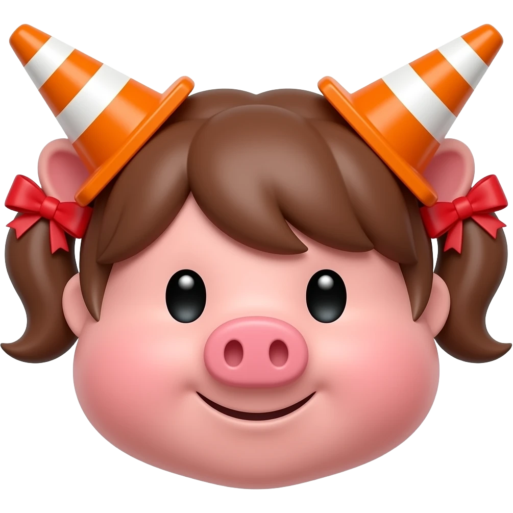 a pink octagon with brown pigtails tied with red bows and traffic cones at the ends of each pigtail emoji
