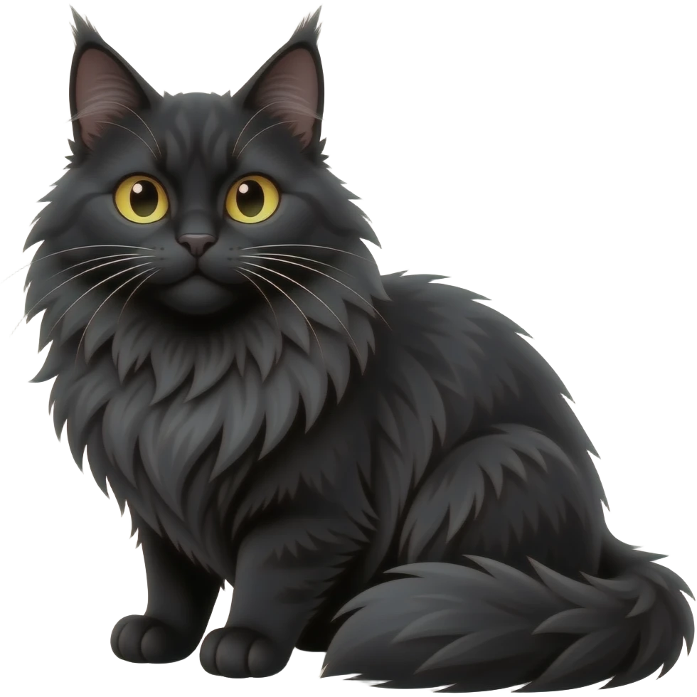 A 3D cartoon jet-black Maine Coon cat with large , glossy mane, soft spotlighting, cinematic 3D Memoji-style lighting. full body or half body. emoji