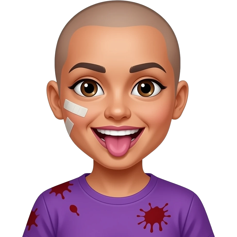 Mexican girl brown eyes whos bald snd and had a wide smile showing both sides of her teeth every single tooth purple shirt  push her hairline back give her purple lip gloss put blood stainds in her shirt  put a bandage oh her cheeck stick her tounge out emoji