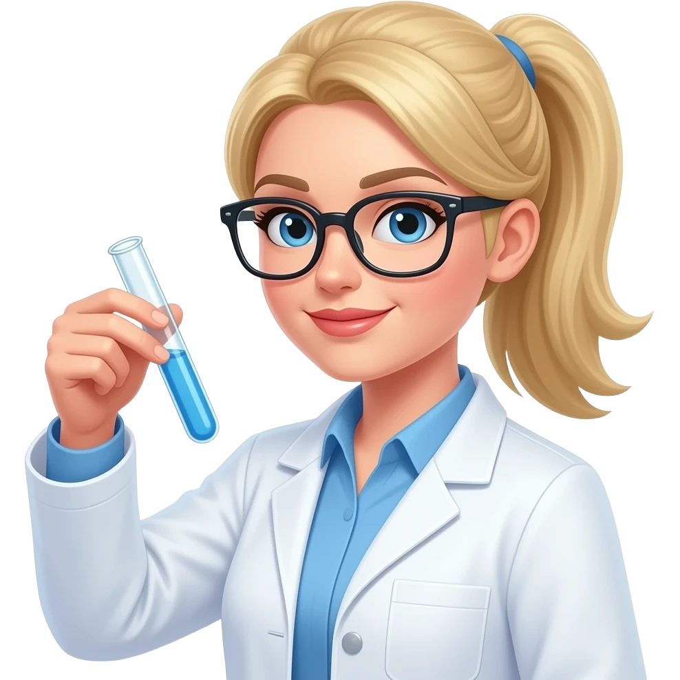 Sexy girl, blonde, side ponytail, blue eyes, slavic, glasses, lab cloth, test tube, experiment emoji
