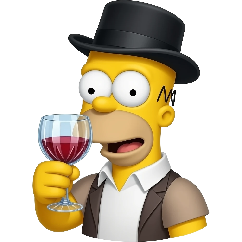 crea a homer con un sombrero de copa y tomando un vino emoji