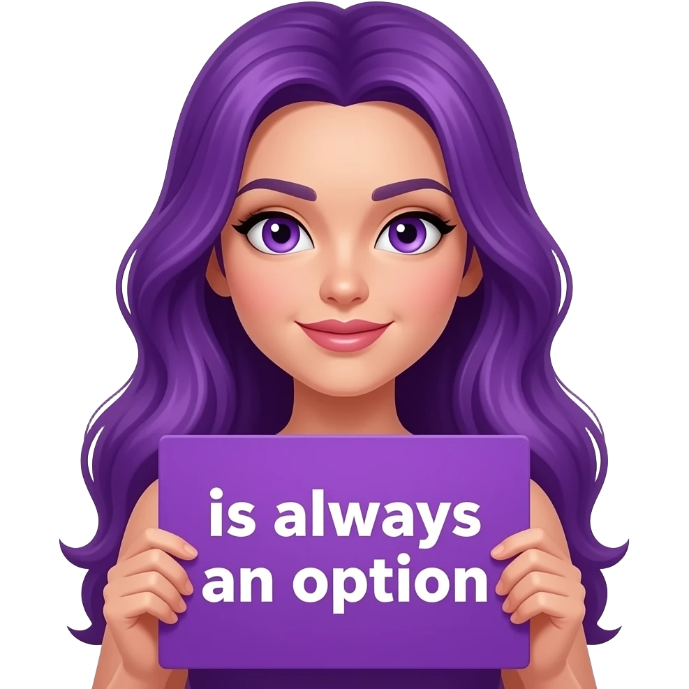 sexy girl with long purple hair and purple eyes holding a -PURPLE- is always an option sign emoji