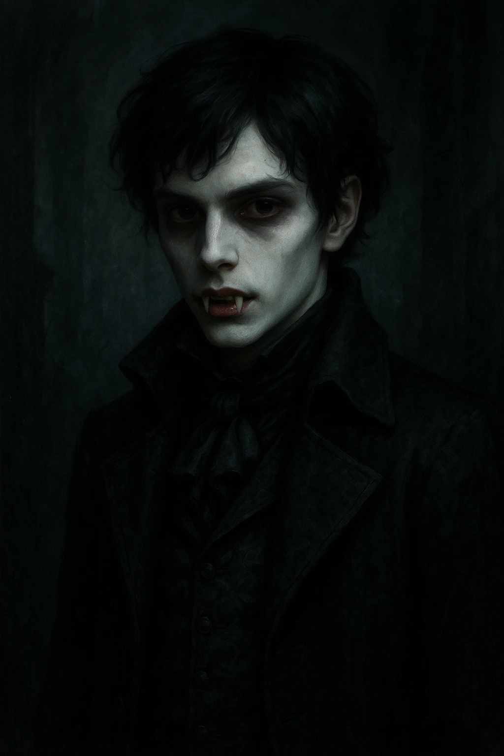 vampire boy with pale skin, fangs showing, dark hair, gothic style emoji
