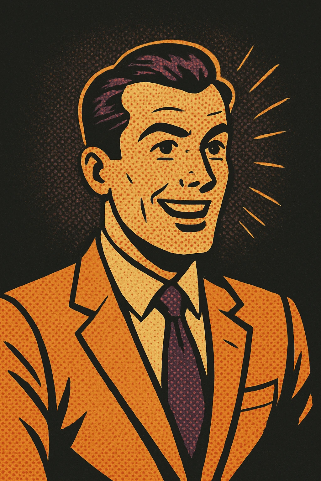 businessman, warm palette in yellow, orange, purple, violet gradient tones, dark solid bg emoji