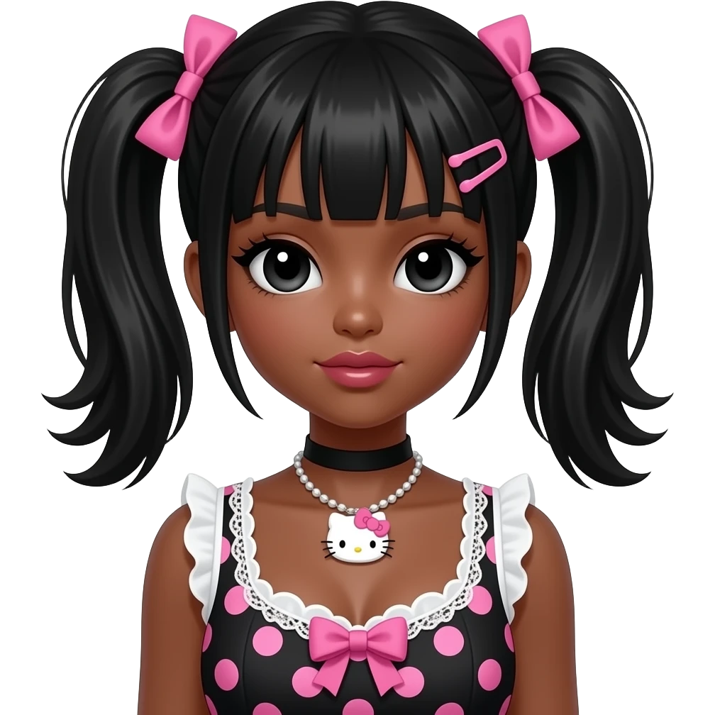 my melody hairclip, dark brown skin, Doll faced shaped, hello kitty necklace, bimbo, black doll eyes, Big lips, black hair, with white or black lace pink polka dots with gyaru sleeveless shirt, with hime gyaru bows, big breast emoji