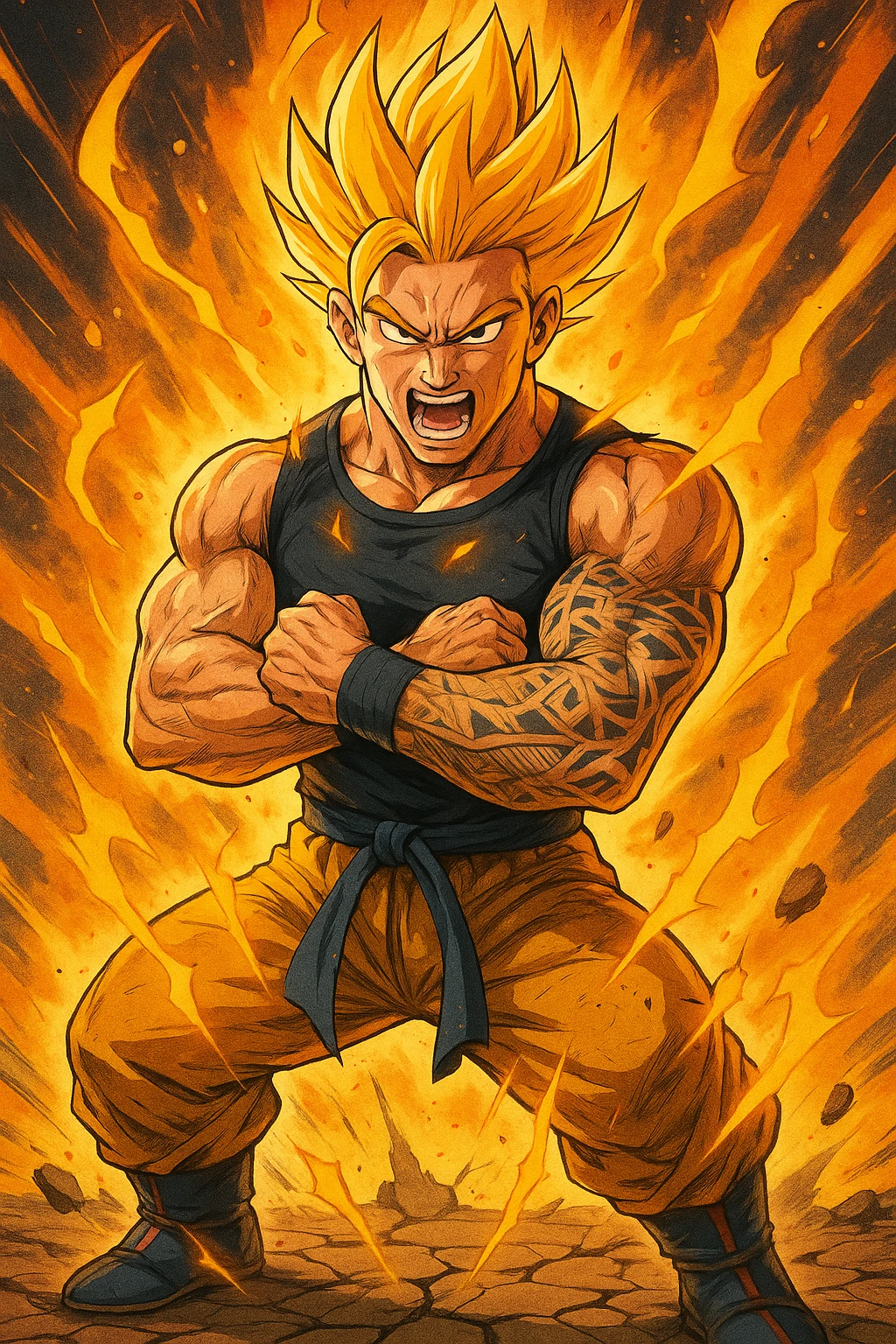 a strong, athletic man in training gear channels a burst of golden energy from his body, his muscles flexed and veins visible. His hair stands up in wild spikes, and his expression is fierce and focused. The aura around him pulses with power, and the ground beneath his feet cracks from the force. The style is bold and colorful, inspired by classic shonen anime. emoji