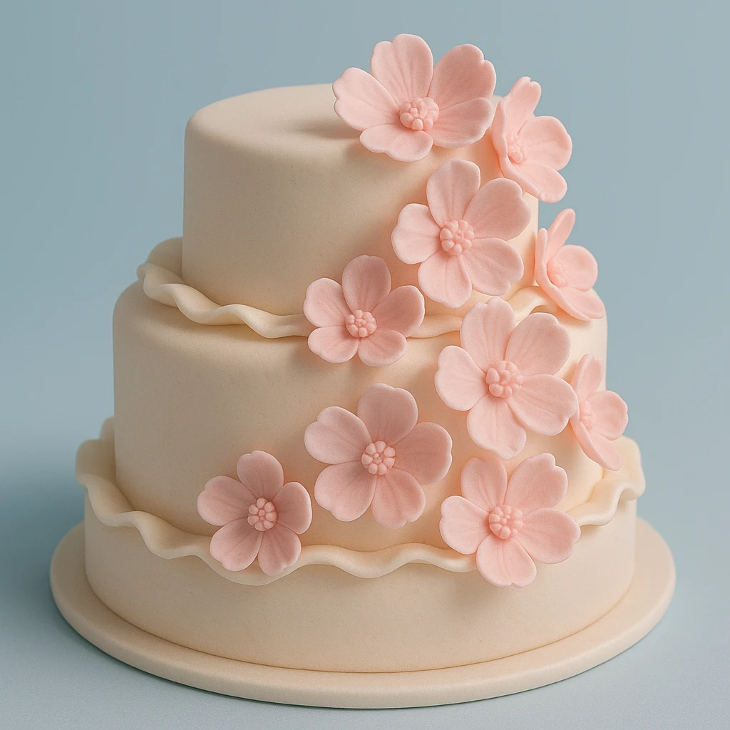 wedding cake with pink fondant flowers and a light blue background emoji