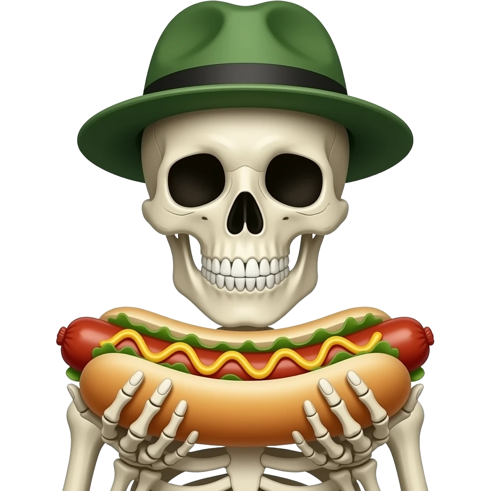 skeleton with face close up holding a hot dog in hands and wear green hat emoji