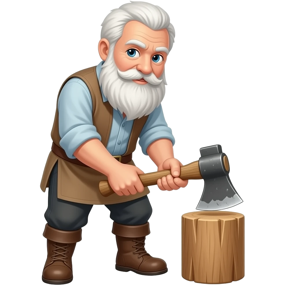 elderly man without a beard chopping wood block with axe emoji