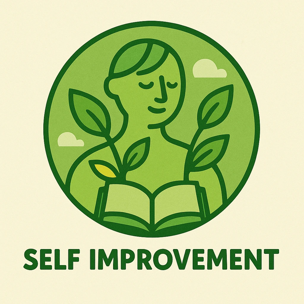 Add a book or brain icon to the self improvement logo. Keep the circular design with growth leaves and a person silhouette. Use a fresh green and yellow color palette. Maintain the natural and growth-oriented feel. emoji