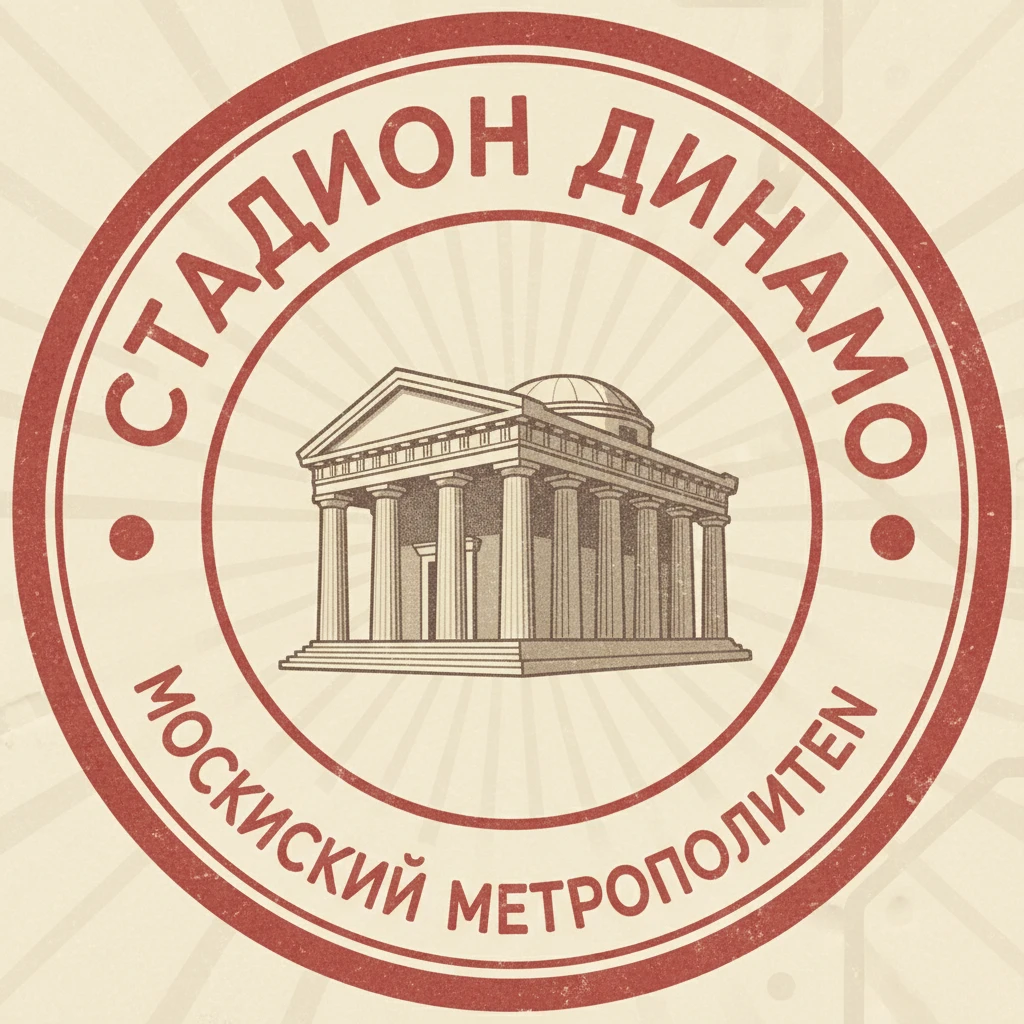Нужно сделать круглую ретро-марку. Ее границы - не очень яркий красный круг, как у станции метро Москвы на ее схеме. Сама марка должна напоминать как будто станцию метро на схеме метрополитена

На марке - стадион "Динамо" в виде древнего святилища emoji