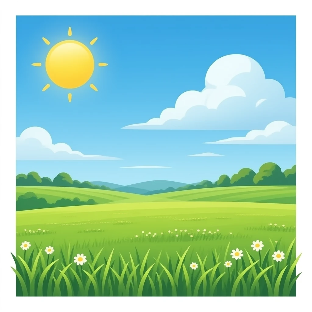 нарисуй поле с зеленой травой и солнечными в небе emoji