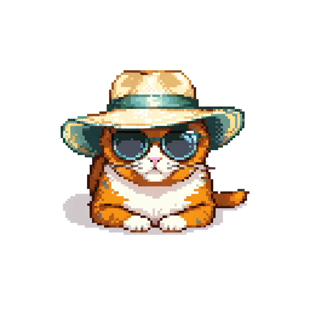 a cat in a summer panama hat with large brim, wearing sunglasses, lying on its stomach with its head resting on the ground emoji
