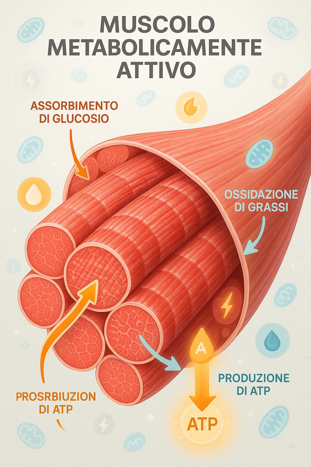 a highly detailed cross-section of human skeletal muscle fibers, shown in vibrant red and pink tones, with visible striations and realistic texture. Glowing arrows and animated icons represent active metabolic processes—such as glucose uptake, fat oxidation, and ATP production—occurring within the muscle tissue. Surrounding the muscle, floating symbols for mitochondria and energy highlight its metabolic activity. The background is clean and clinical, with subtle labels and infographics explaining that muscle is a metabolically active tissue. The overall style is modern, scientific, and visually engaging, suitable for educational or medical use. in italiano emoji