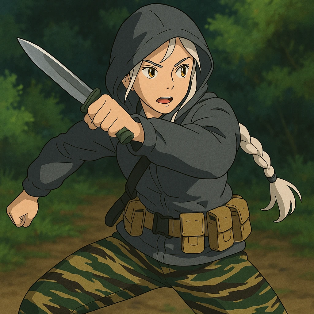 1 female, mid-20's  white hair long braid, gold yellow eyes, gray rainproof hoodie, hood up, single point sling, tan mag pouches on belt rig, tiger stripe camo pants, holding a combat blade, striking, swing emoji