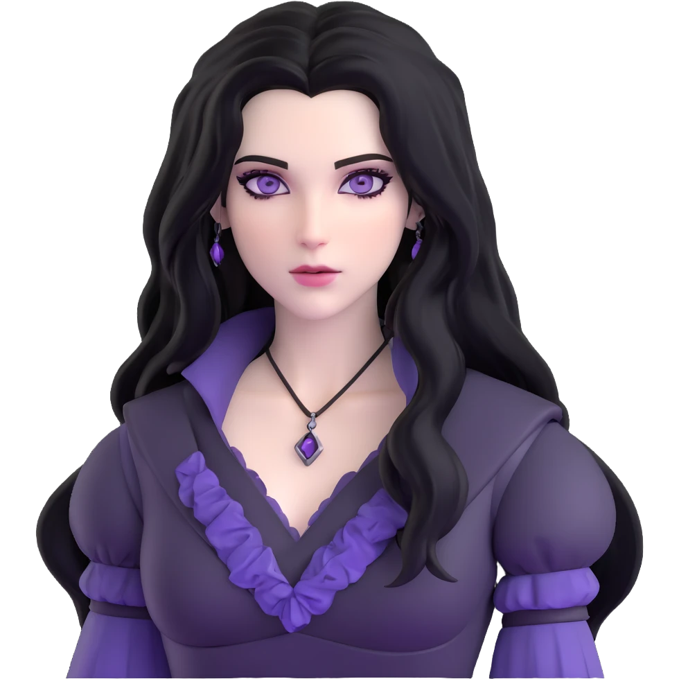 Yennefer from Witcher with long black hair, violet eyes, pale skin, wearing black clothes emoji