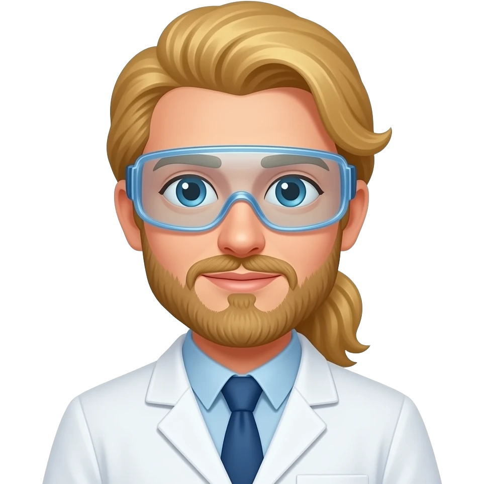 male, lab scientist, blonde, pony tail, long hair, goggles, no beard emoji