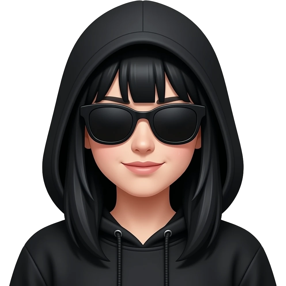 A girl wearing a Black hoodie with entire face is hidden in shadow.  She’s wearing black sunglasses and her long hair is covering her face. The only part of her face showing slight smirk on one side of her mouth. Her face is obscured by shadow emoji